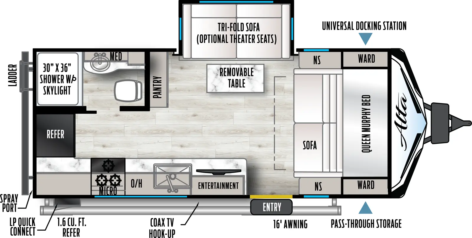 Has one slide on the off-door side. The entry door is on the awning or door side of the unit. Layout front to back, Sofa with Queen Murphy bed that folds down over the sofa. There is tri-fold sofa with removable table in the slide out on the off-door side (optional theater seat available). Across from that there is a large counter that runs from the entry door to the rear of the unit with overheads and microwave above the range. Refer is locate along the rear wall just adjacent to the counter on the door side. In the Rt Rear off-door side  of the unit you will find the bathroom with a 30x36 shower, vanity and porcelain toilet.
